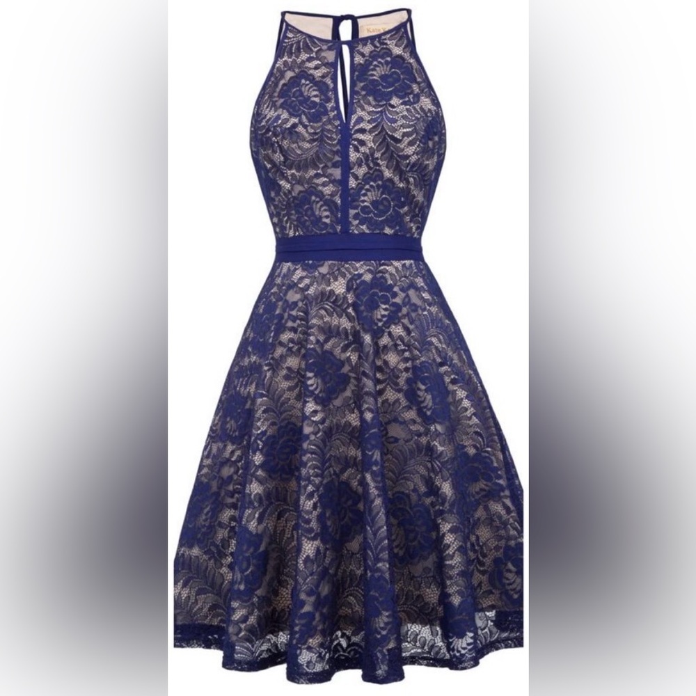 Kate Kasin Navy Floral Lace Keyhole Lined Sleeves Tie Neck Halter Dress Medium